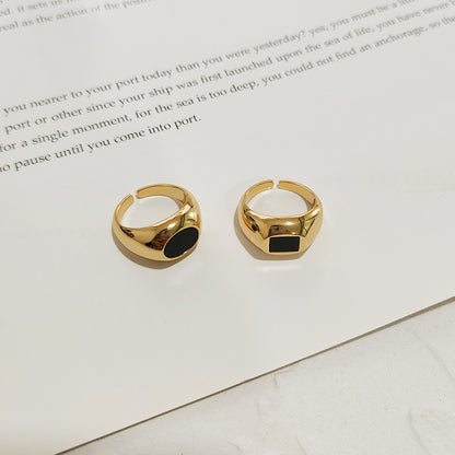 Unisex Brass Black Shell Ring – Gold Adjustable Square & Round Minimalist Band