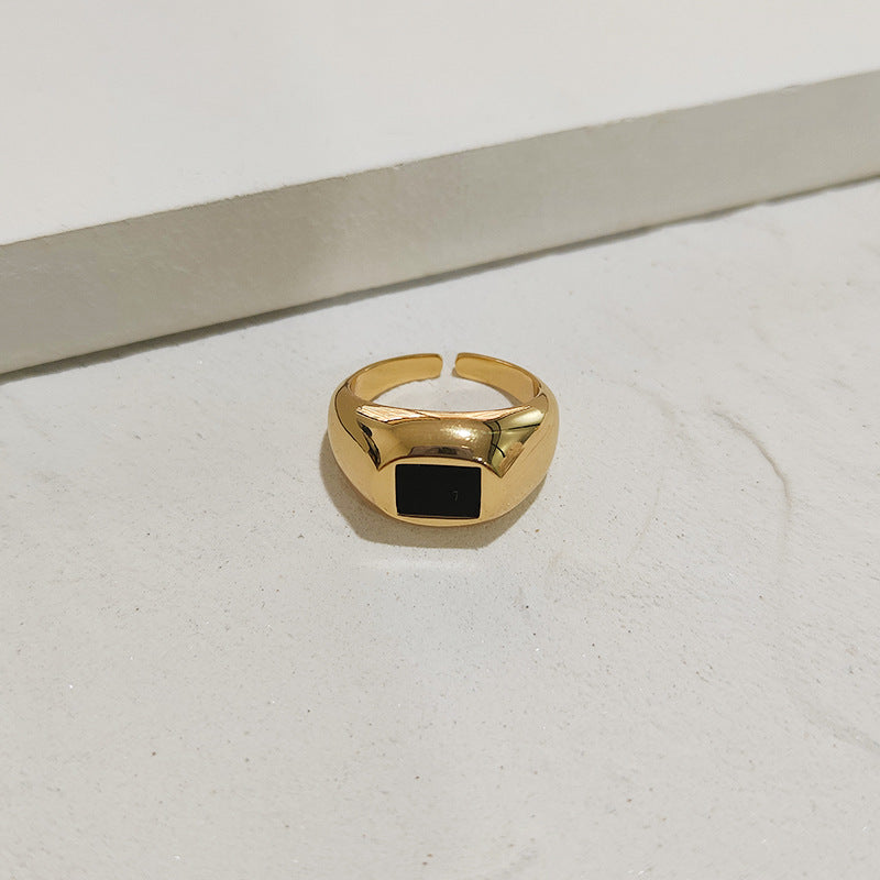 Unisex Brass Black Shell Ring – Gold Adjustable Square & Round Minimalist Band
