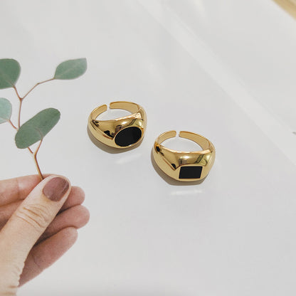 Unisex Brass Black Shell Ring – Gold Adjustable Square & Round Minimalist Band