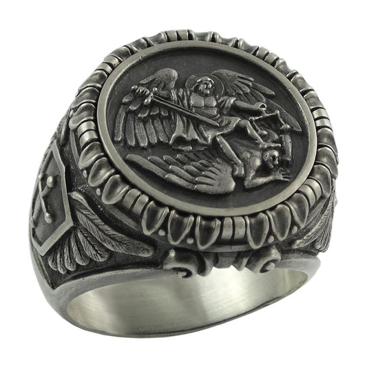 Men's Stainless Steel Saint Michael Archangel Ring – Vintage Templar Biker Band