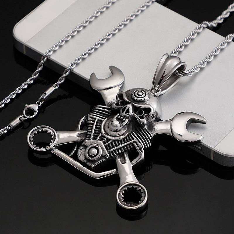 Men's Titanium Steel Wrench Skull Pendant – Punk Personality Necklace
