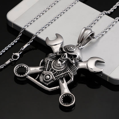 Men's Titanium Steel Wrench Skull Pendant – Punk Personality Necklace