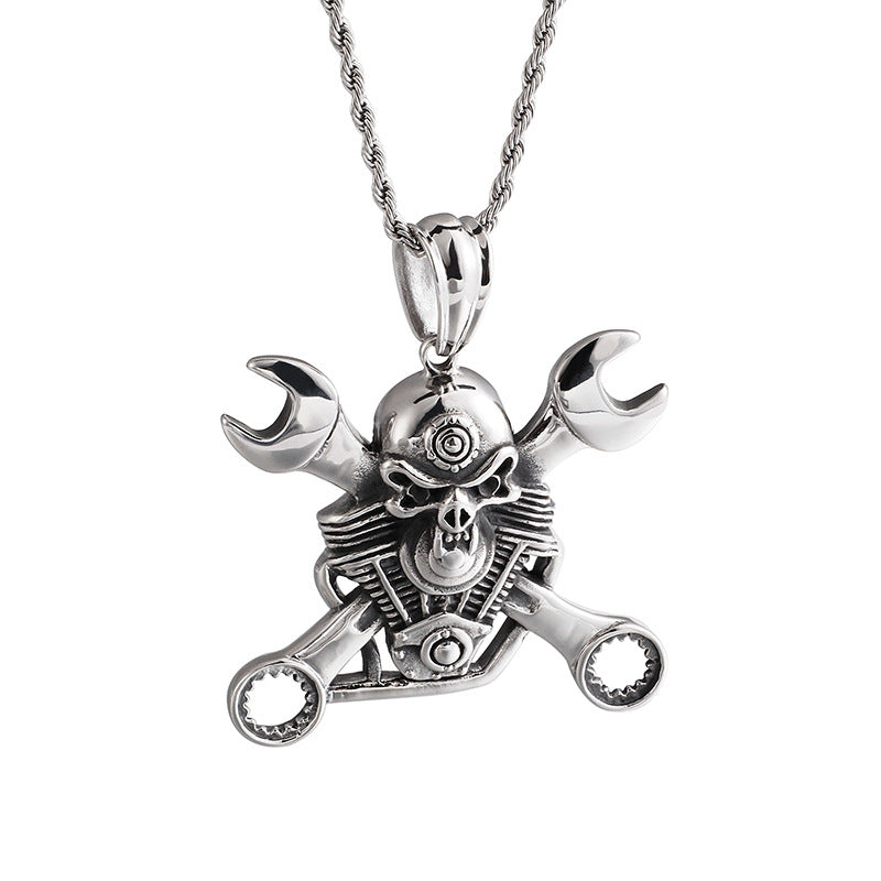 Men's Titanium Steel Wrench Skull Pendant – Punk Personality Necklace