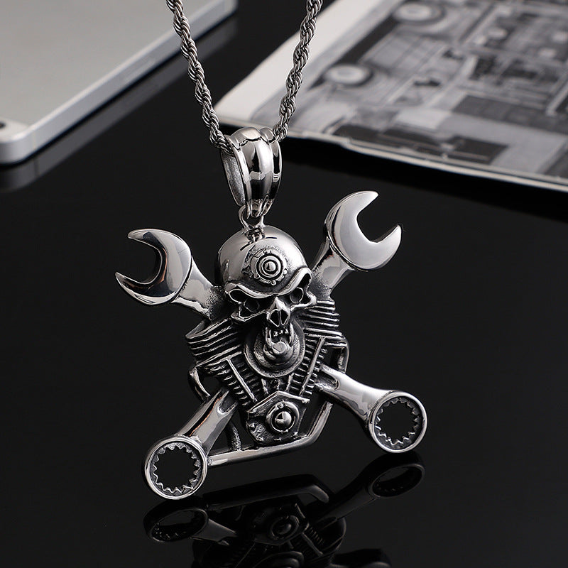 Men's Titanium Steel Wrench Skull Pendant – Punk Personality Necklace