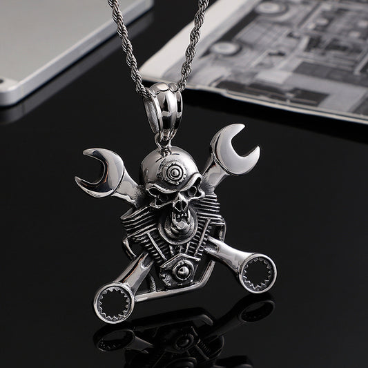 Men's Titanium Steel Wrench Skull Pendant – Punk Personality Necklace