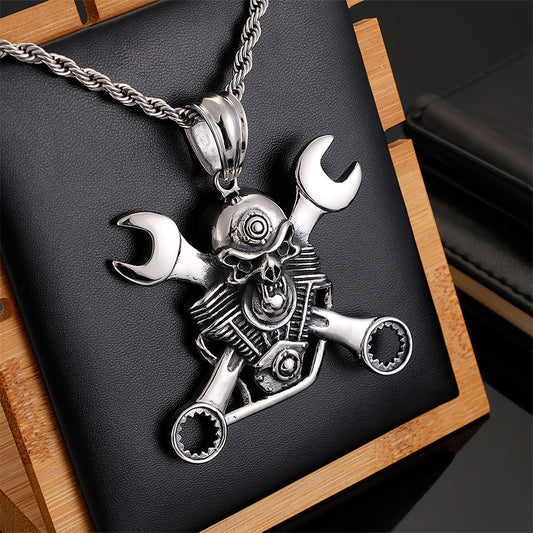 Men's Titanium Steel Wrench Skull Pendant – Punk Personality Necklace