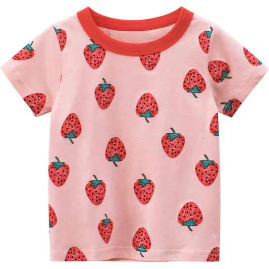 Girls Strawberry Print Short Sleeve Cotton T-Shirt – 100% Cotton