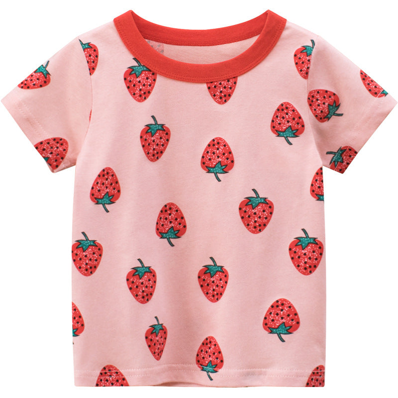 Girls Strawberry Print Short Sleeve Cotton T-Shirt – 100% Cotton