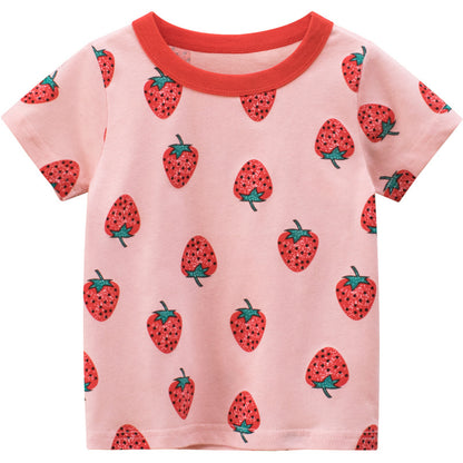 Girls Strawberry Print Short Sleeve Cotton T-Shirt – 100% Cotton