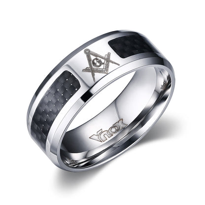 Unisex Stainless Steel 8mm Punk Ring – Carbon Fibre & Masonic Band