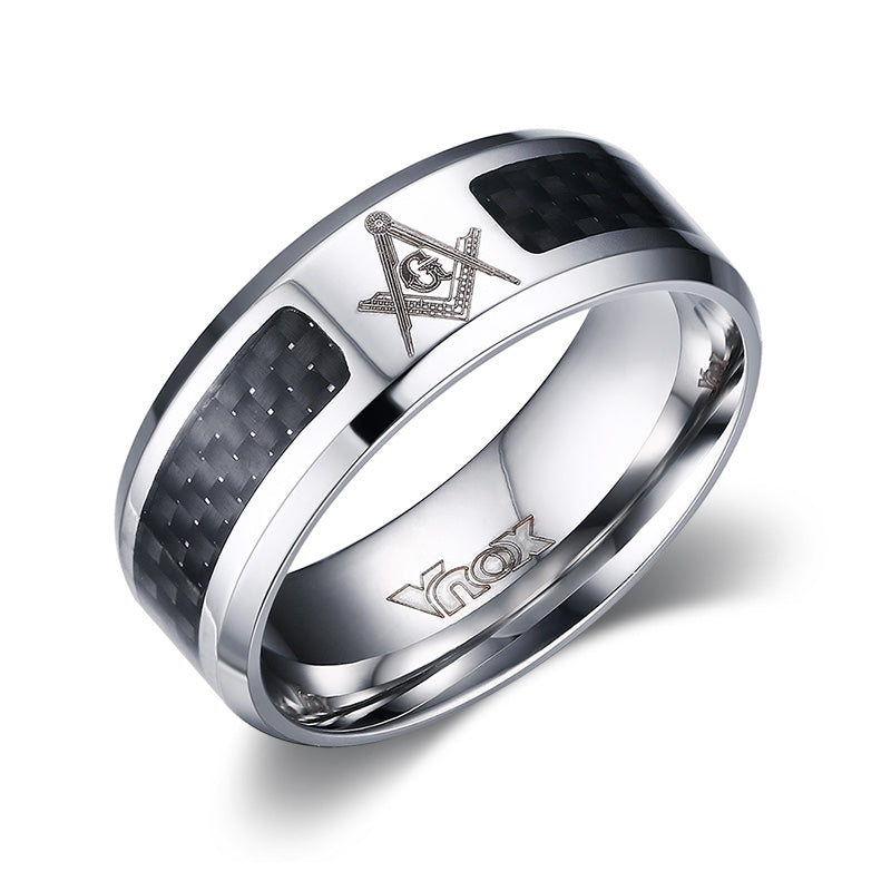 Unisex Stainless Steel 8mm Punk Ring – Carbon Fibre & Masonic Band