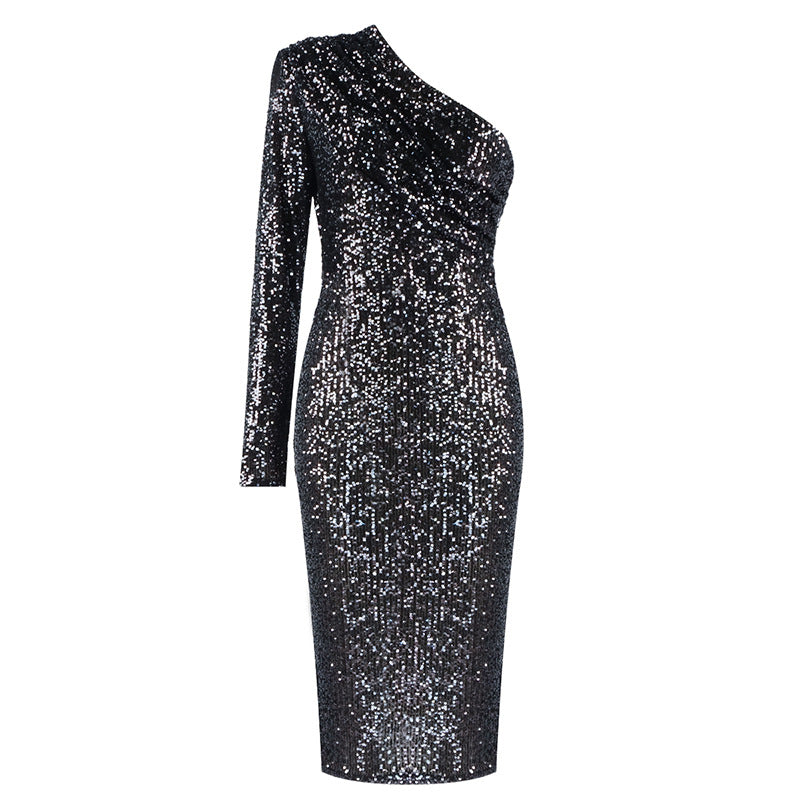 Women's One-Shoulder Sequin Midi Dress | Oblique Collar Wrapped Chest Evening Dress