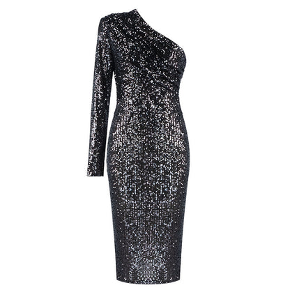 Women's One-Shoulder Sequin Midi Dress | Oblique Collar Wrapped Chest Evening Dress