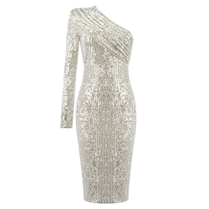 Women's One-Shoulder Sequin Midi Dress | Oblique Collar Wrapped Chest Evening Dress