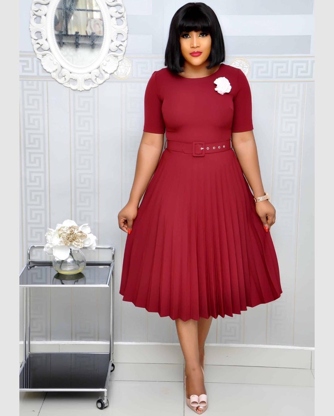 Women's Round-Neck Pleated Swing Dress | Casual Full-Hem Polyester Dress in 3 Colours