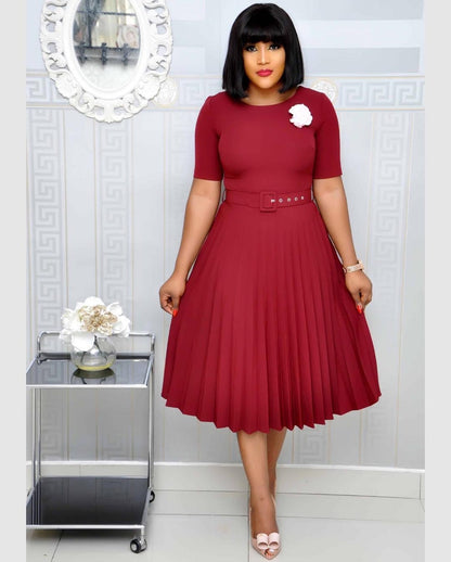 Women's Round-Neck Pleated Swing Dress | Casual Full-Hem Polyester Dress in 3 Colours