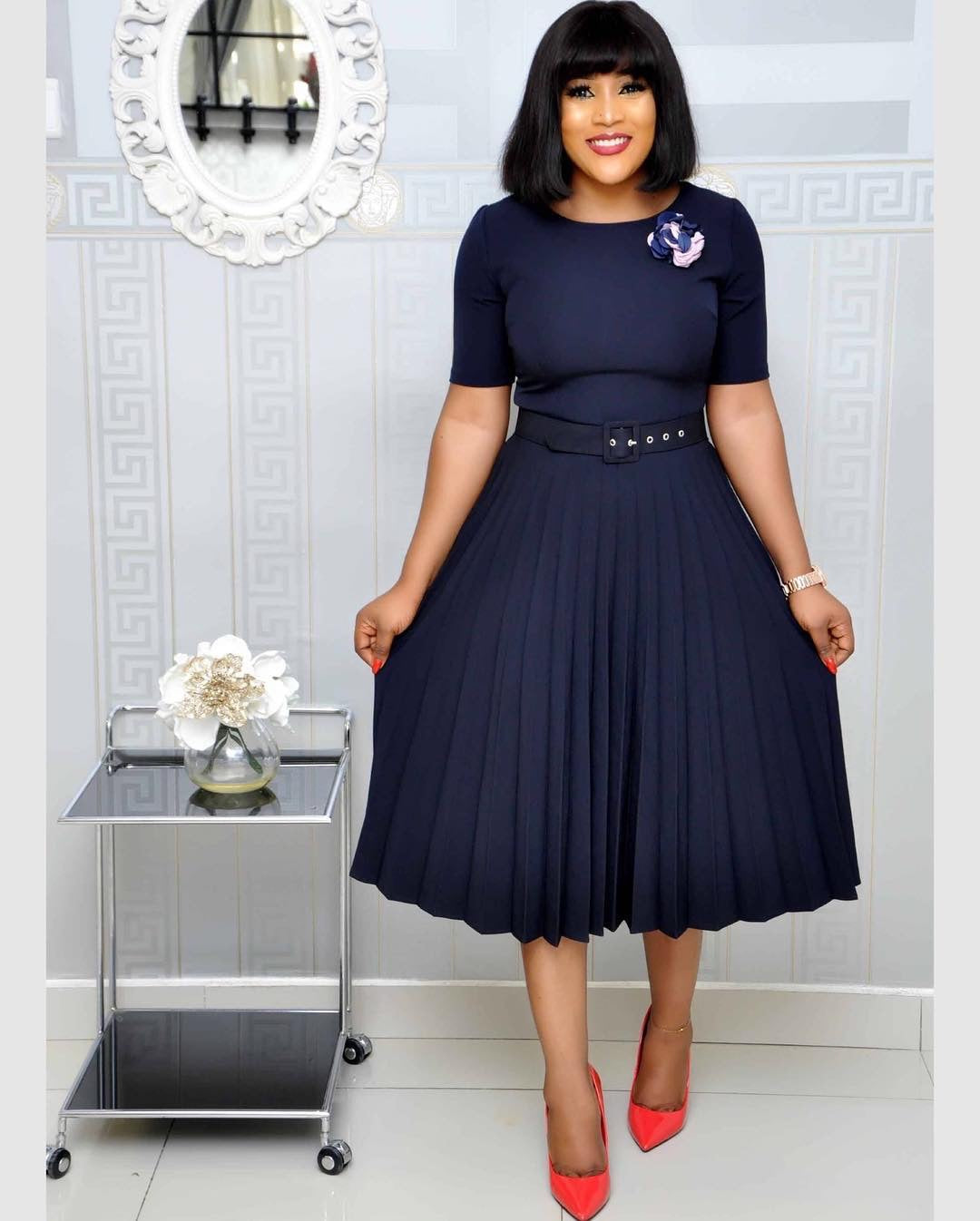 Women's Round-Neck Pleated Swing Dress | Casual Full-Hem Polyester Dress in 3 Colours
