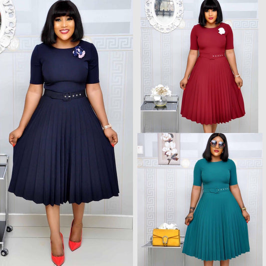 Women's Round-Neck Pleated Swing Dress | Casual Full-Hem Polyester Dress in 3 Colours