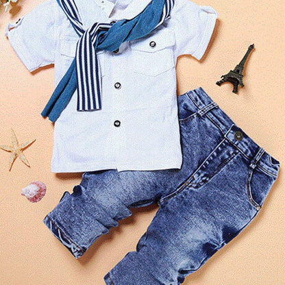 Boys Cotton Casual Suit Set | White Short Sleeve Two-Piece | Heights 85-120cm