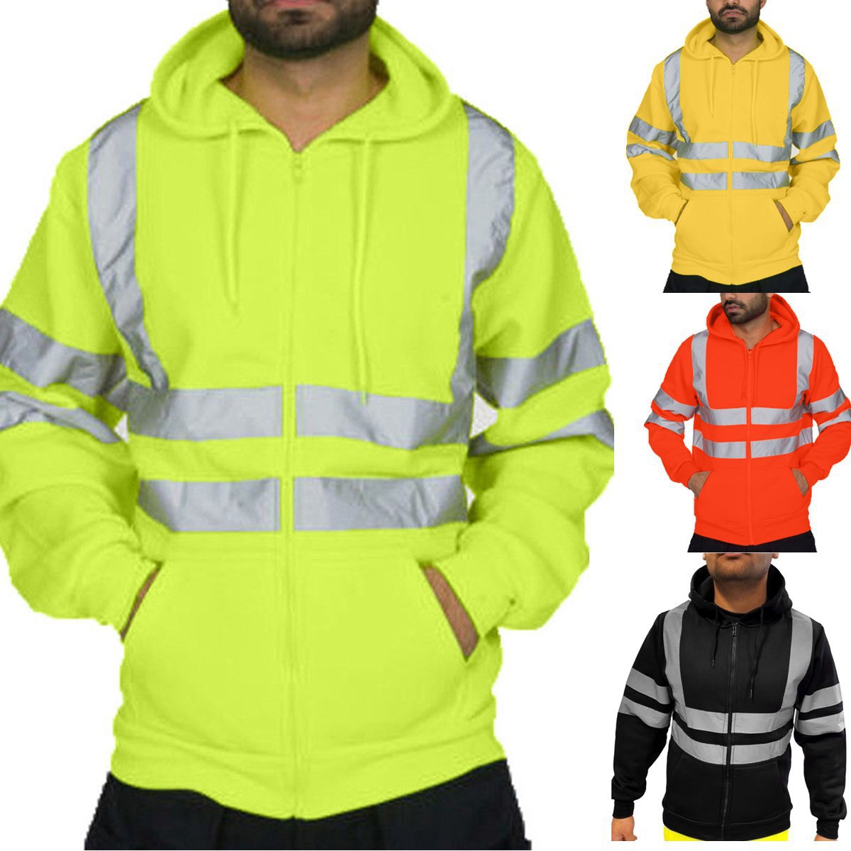 Men's Reflective Workwear Hoodie | Hi-Vis Fleece-Lined Zip-Up