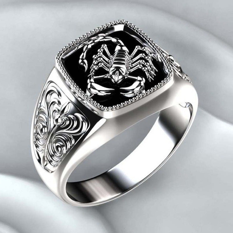 Men's Scorpio Embossed Ring – Carved Zodiac White Gold Band