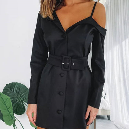 One-Shoulder High Waist Sling Dress | Black Long Sleeve | S-L