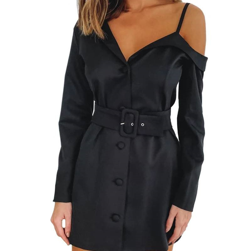 One-Shoulder High Waist Sling Dress | Black Long Sleeve | S-L