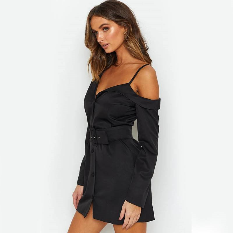 One-Shoulder High Waist Sling Dress | Black Long Sleeve | S-L