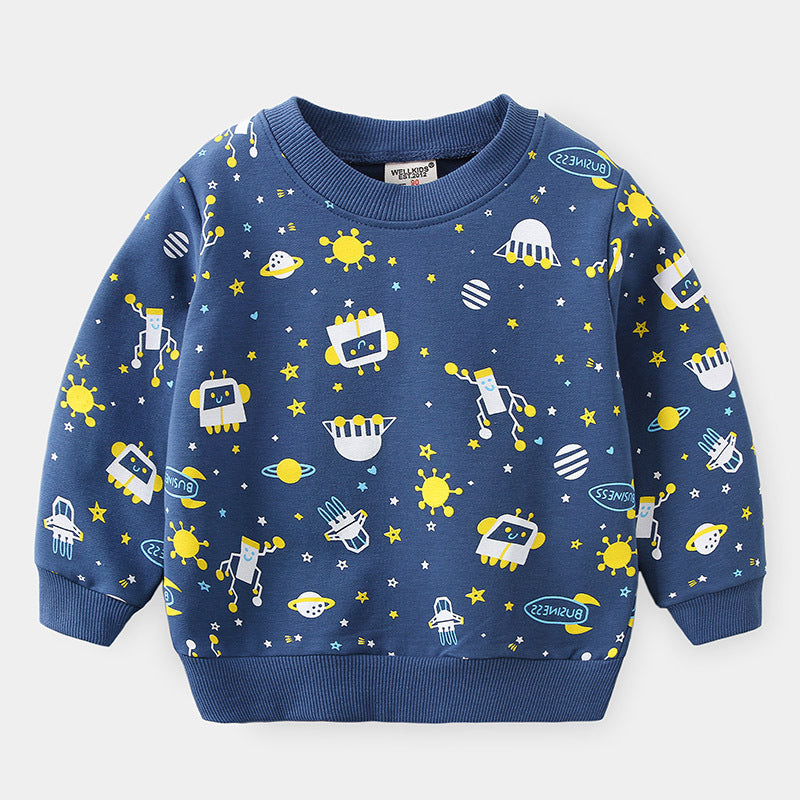 Boys Cartoon Print Cotton Pullover Sweatshirt