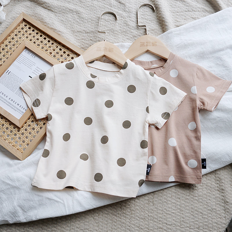 Kids Unisex 100% Cotton Polka Dot T-Shirt – Cream & Beige