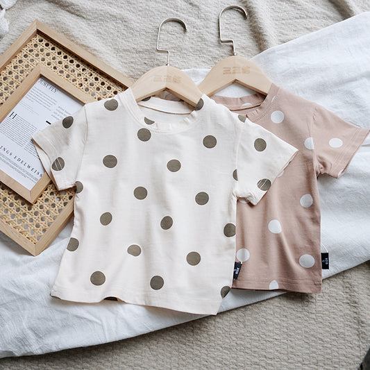 Kids Unisex 100% Cotton Polka Dot T-Shirt – Cream & Beige