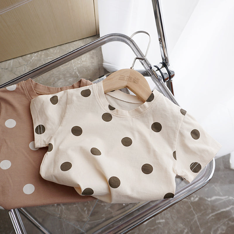 Kids Unisex 100% Cotton Polka Dot T-Shirt – Cream & Beige