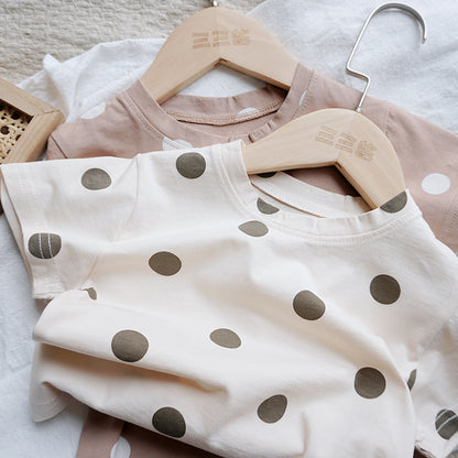Kids Unisex 100% Cotton Polka Dot T-Shirt – Cream & Beige