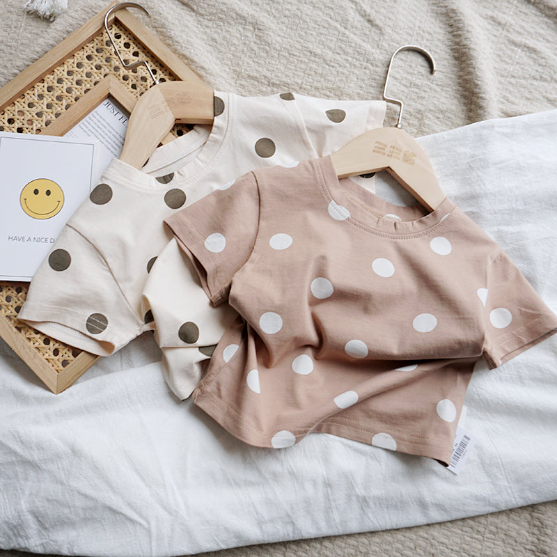Kids Unisex 100% Cotton Polka Dot T-Shirt – Cream & Beige