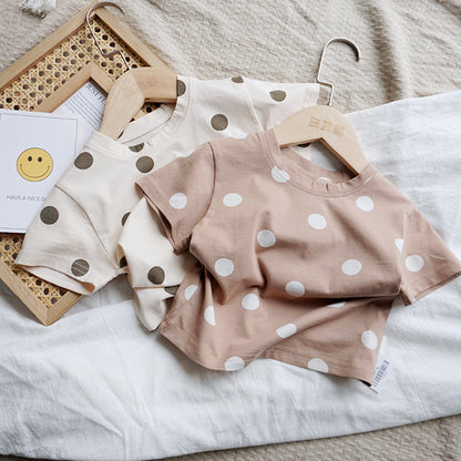 Kids Unisex 100% Cotton Polka Dot T-Shirt – Cream & Beige