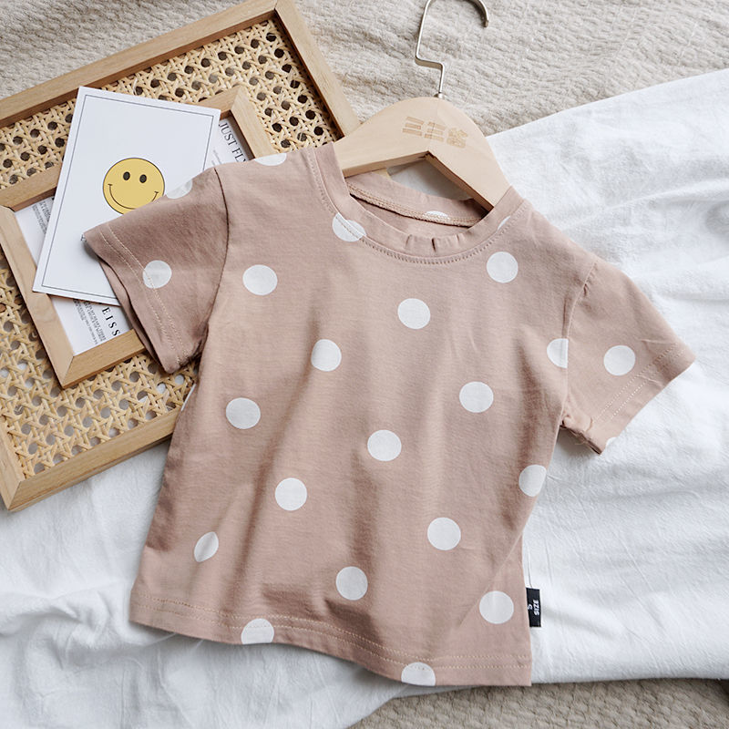 Kids Unisex 100% Cotton Polka Dot T-Shirt – Cream & Beige