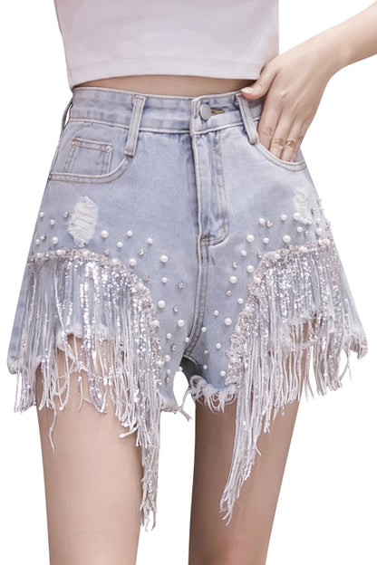 Diamond Fringe High Waist Denim Shorts | Wide Leg | Light Blue