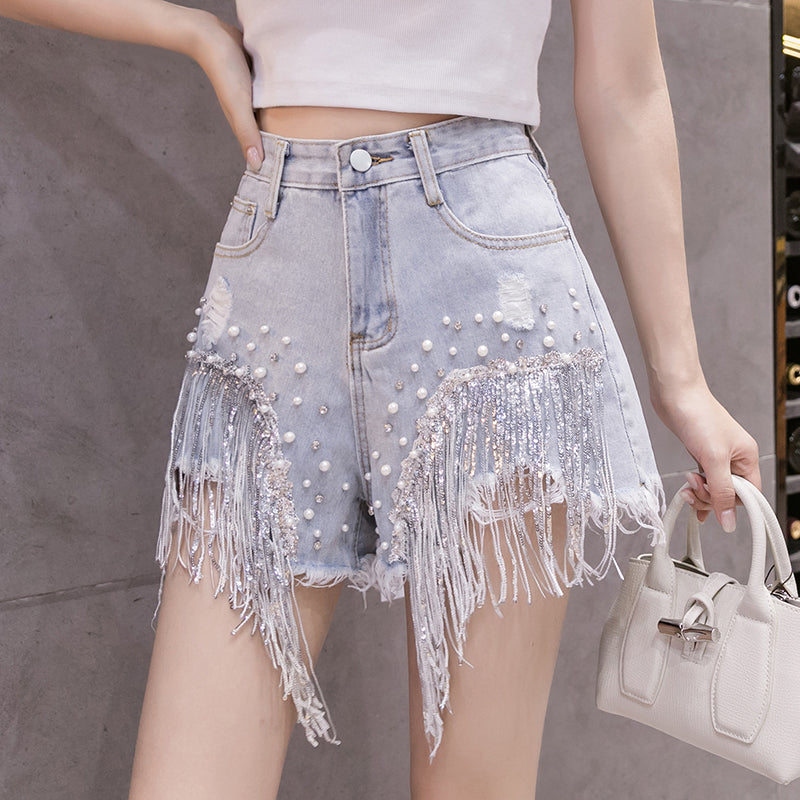 Diamond Fringe High Waist Denim Shorts | Wide Leg | Light Blue