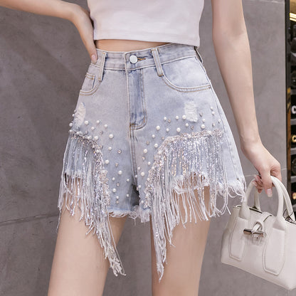 Diamond Fringe High Waist Denim Shorts | Wide Leg | Light Blue