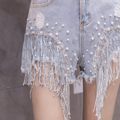 Diamond Fringe High Waist Denim Shorts | Wide Leg | Light Blue