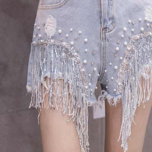 Diamond Fringe High Waist Denim Shorts | Wide Leg | Light Blue