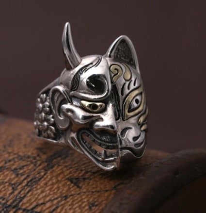 Men's S925 Sterling Silver Prajna Hannya Mask Ring – Japanese Retro Thai Silver Band