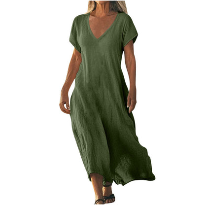 Women's Cotton Linen V-Neck Midi Dress