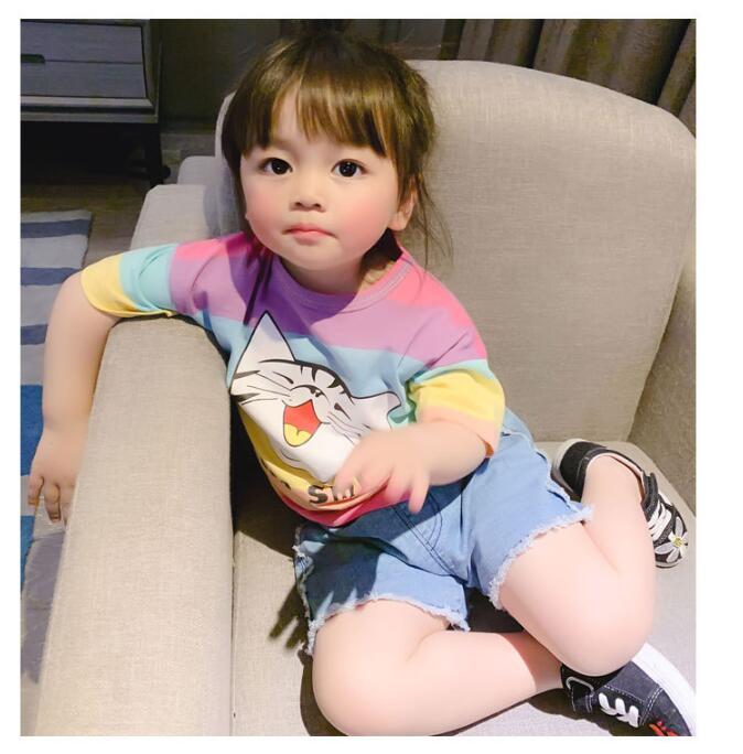 Girls Korean Style Striped Cotton Short Sleeve T-Shirt – 3 Colours