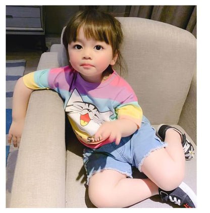 Girls Korean Style Striped Cotton Short Sleeve T-Shirt – 3 Colours