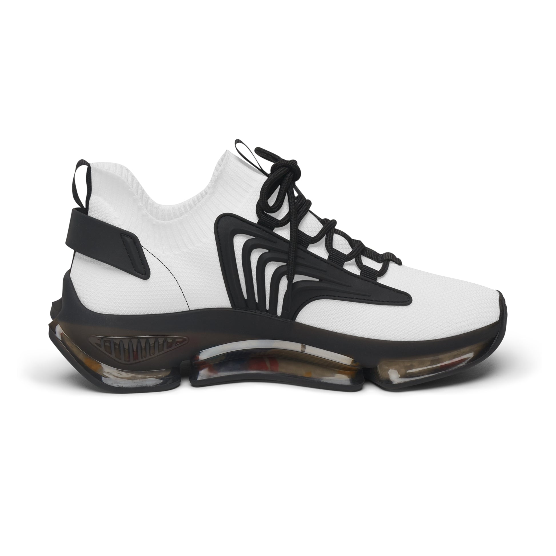 White and black sneaker with unique design on a white background