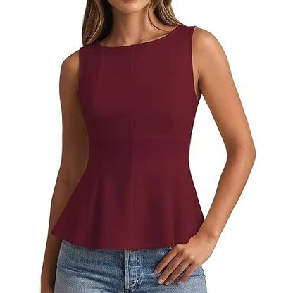 Women's Cropped Ruffled Hem Slim-Fit Top | Business-Casual Stretch Polyester Blouse