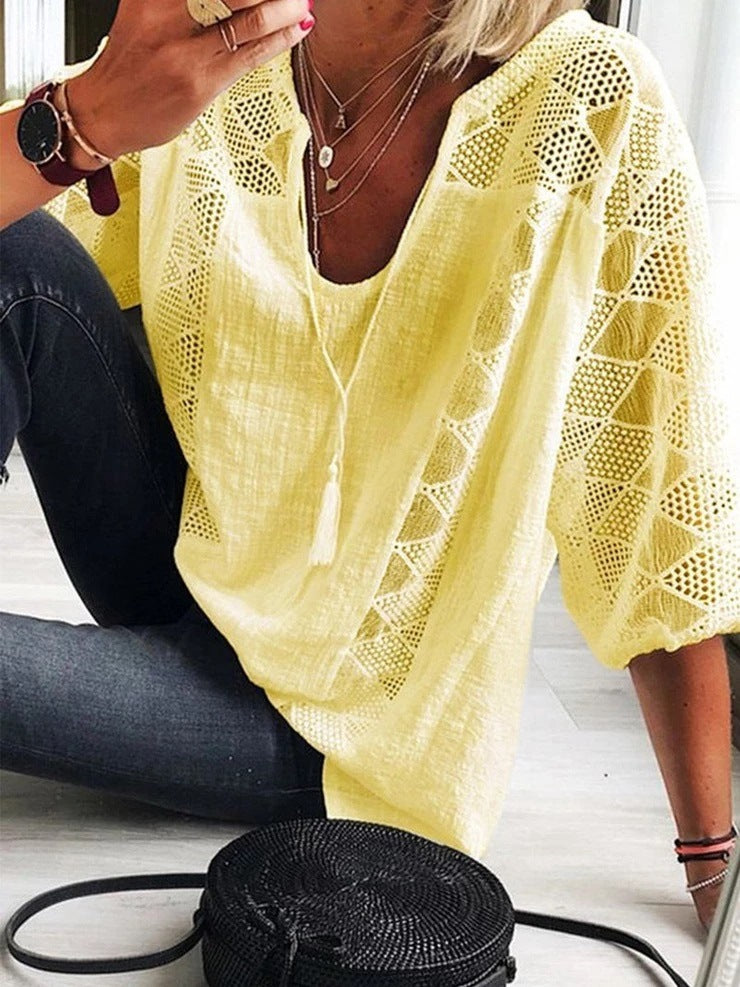 Women's Lace-Stitching U-Neck Three-Quarter Sleeve Top