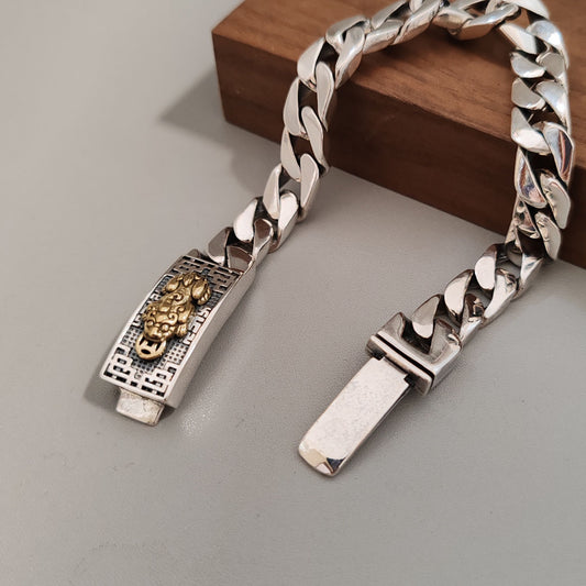 Unisex S925 Silver Cuban Bracelet – 9mm Retro Geometric Chain
