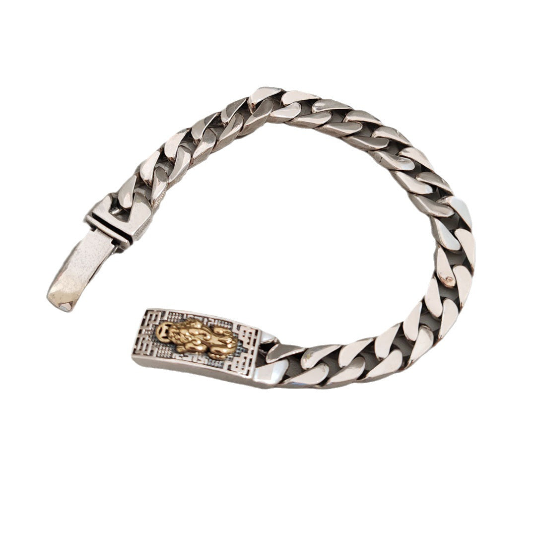 Unisex S925 Silver Cuban Bracelet – 9mm Retro Geometric Chain